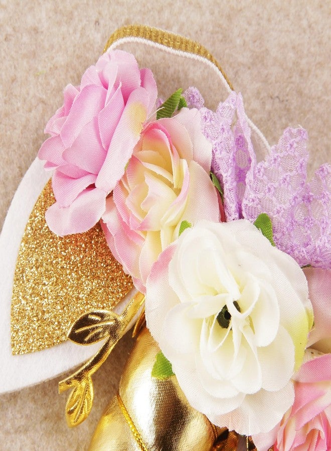 Nishine Roses Floral Unicorn Horn Headband Elastic Baby Girls Unicorn Hairband Party Supplies (Gold&Ivory) - Image 4